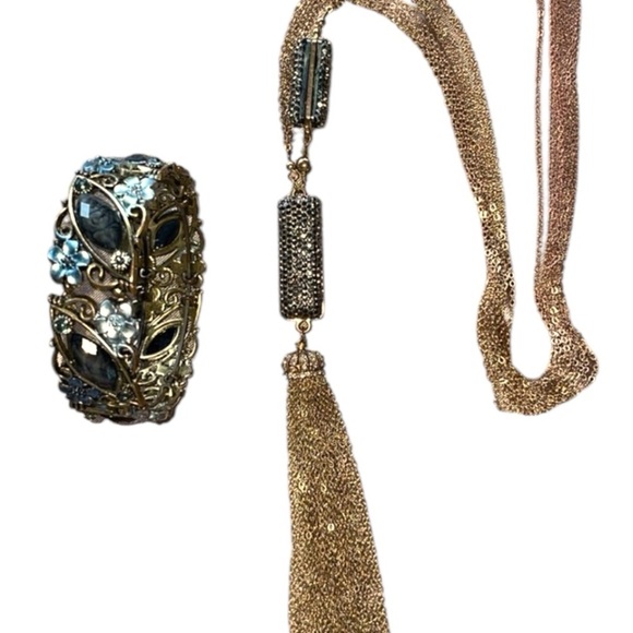 Hematite Encrusted Long Tassel Necklace with Cuff Bracelet Elegant Silver Gold - Picture 1 of 15